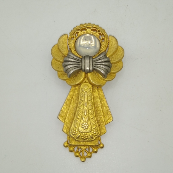 Jac Win Design Gold Tone Angel Bow Brooch Pendant w Pearl Accent Signed Vintage - Picture 1 of 11